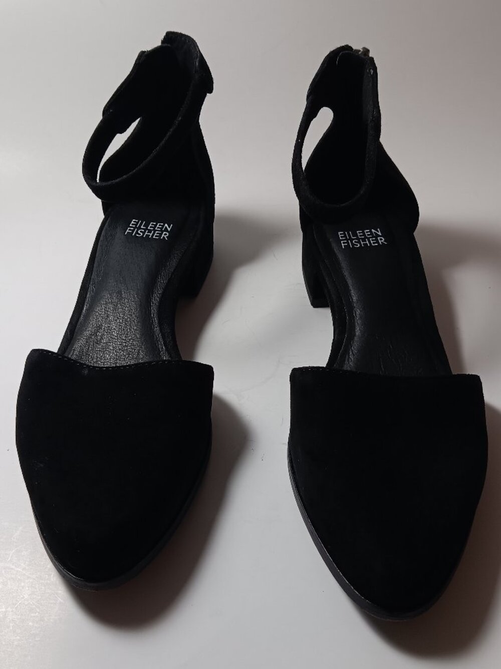eileen fisher suede ankle strap flats  black minimal low heel womens size 5